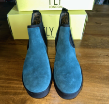FLY London BYNE 349FLY Oil Suede Petrol Teal Ankle Chelsea Wedge Boot Zi... - £95.91 GBP
