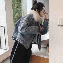 Inter women denim jacket faux fur collar chic ladies coats big pocket plus velvet jeans thumb200