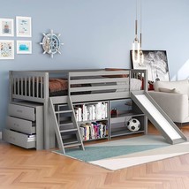 Kids Twin Low Loft Bed With Storage, With Bookcases, Cabinet, Convertible Ladder - £679.51 GBP