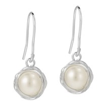 Classic Freshwater Pearl Button Wire Wrap .925 Bridal Silver Dangle Earrings - £16.06 GBP