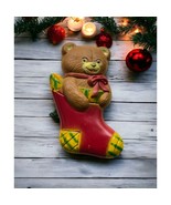 Teddy Bear in Christmas Stocking Brooch Pin Vintage Holiday - £10.24 GBP