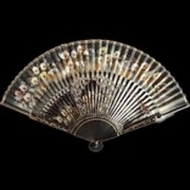 Vintage Chinese Hand-painted Open Bamboo Black and Gold Flowered Fan - £62.99 GBP