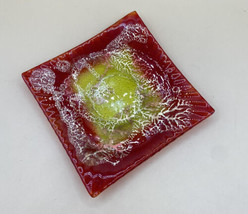 Art Glass Square Tray 7” Red Orange Yellow Gold Adventurine Flakes - £15.81 GBP