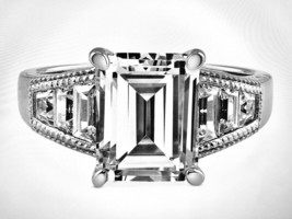 3Ct Emerald Simulated Diamond Milgrain Engagement Ring 14K White Gold Plated - £103.77 GBP
