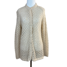 Vintage Cardigan Sweater Women Medium Beige Open Knit Crochet Long Sleeve Button - £39.03 GBP