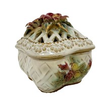 Porcelain Trinket Box Ring Ivory White With Flowers Vanity Dresser Vintage Decor - $19.79