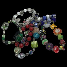 Glass Bead Bracelets Lot Artisan colorful Vtg to modern floral Vatican stack - £15.58 GBP