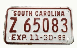 1989 South Carolina Motorcycle License Plate #Z-65083 White &amp; Red Vintage - $21.40