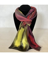 Hand Painted Silk Scarf Yellow Watermelon Red Olive Green Unique Rectang... - $56.00