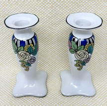 ATQ Stylized Flower Candle Holders ART NOUVEAU Whieldon Ware Raglan Ceramic 6”H - £36.45 GBP