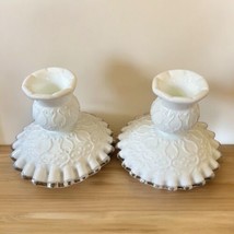 Vtg Pair Fenton Milk Glass Silver Crest Spanish Lace Candle Holder Candlestick - £38.78 GBP