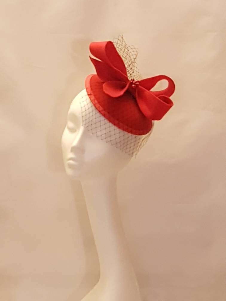 Primary image for Fascinator, Red Hat fascinator with mini veil. Birdcage veil red Felt fascinator