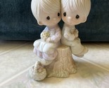 Precious Moments E1376 Love One Another Vintage Signed Girl &amp; Boy On Stump - $17.59