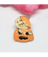 White &amp; Orange Enamel Ghost in the Pumpkin Gold Tone Halloween Lapel Pin - $12.95