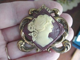 (CM8-2) Lady flower in hair ponytail square burgundy CAMEO brass pin pendant - £26.00 GBP