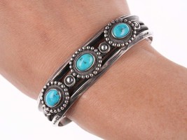 7&quot; 30&#39;s-40&#39;s Navajo Stamped silver carinated wire bracelet with turquoise - £628.63 GBP