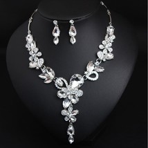 Bridal Necklace Earrings Set Red Flower Crystal Water Drop Jewelry Sets for Wome - £33.60 GBP