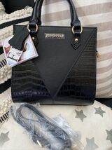 LEATHER F&amp;W Style Croc Embossed Smooth Black Handbag Shoulder Bag Purse - $75.21