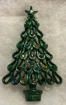 Vintage Christmas Tree Pin - Green Enamel With Multicolor Stones - £9.00 GBP