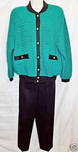Teddi Sport Jacket Pants Set 2 Piece Boucle Knit Suit Black Turquoise Small 8 - £13.97 GBP