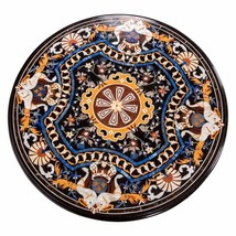 18&quot; Black Marble Coffee Table Top Semi Precious Inlay Mosaic Handmade Furniture - £573.73 GBP