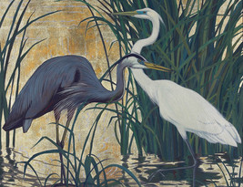 A Great Blue Heron And A Egret In Marsh Ceramic Tile Mural Backsplash Medallion - $68.31+