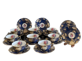 Vintage Crown Staffordshire Mottled Cobalt Blue and Floral Cups and Saucers - £315.69 GBP
