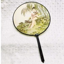 Vintage Asian Hand Painted Silk Paddle Fan, Black Plastic Handle w/Tassel - $217.58 MXN