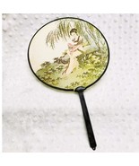 Vintage Asian Hand Painted Silk Paddle Fan, Black Plastic Handle w/Tassel - $217.70 MXN