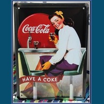 Retro Imitation Vintage Metal Antique Sign Girl Drinking Coca-Cola Soda Fountain - £36.73 GBP