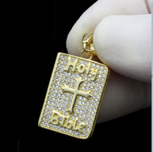 Fancy 2Ct Round Cut CZ Diamond &quot;Holy Bible&quot; Tag Pendant 14K Yellow Gold Finish - £117.53 GBP