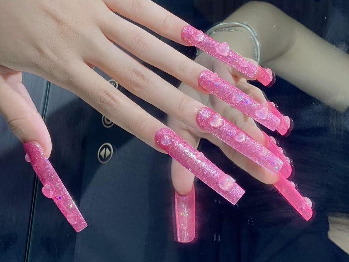 Glitter Pink Press-On Nails with 3D Hearts – Sparkly Valentine Glam Set ... - $20.99