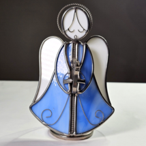 Vintage 3 Dimensional Stained Glass Angel W Harp Tea Light Candle Holder Blue 8&quot; - £15.97 GBP