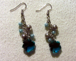 Glass Teal Snowflake and Pearls Dangle Earrings - £3.07 GBP