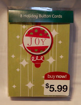 Christmas Cards 8 Holiday Metal Pin On Button Cards &amp; Envelopes Joy 5&quot; x 7&quot; 23L - £3.07 GBP
