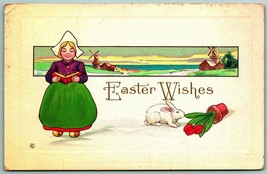 Dutch Girl Easter Wishes Bunny Windmills Tulips 1914 DB Postcard F8 - £4.63 GBP
