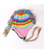 Knitted Yarn Rainbow Striped Colorful Mohawk Punk Hippie Hipster Beanie ... - £17.23 GBP