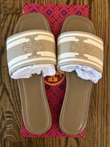 New Tory Burch Women&#39;s Double T Jacquard Slide Sandals Cammello/ White Size 9.5 - $196.02