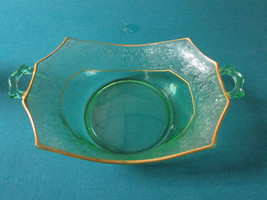 Victorian Green Glass Etched Depression Basket Bowl Gold Rim 4 X 8 X 12&quot; - $94.05