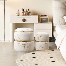 Khaki Round Ottoman Set of 2 with Storage | Sherpa Vanity Stool - $129.99