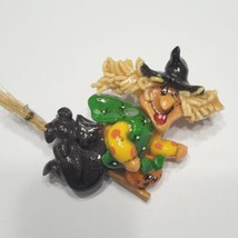 Halloween Witch On A Broom Stick Pin Brooch Black Cat Pumpkin 3D Handmade Resin - £7.63 GBP