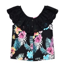NWT Sz Med 10 JUSTICE Girl&#39;s Top Ruffle Neckline Tropical Floral Tank Black - £10.38 GBP