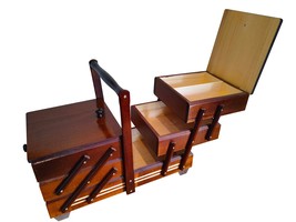 Wooden sewing box, dark brown sewing caddy, jewellery casket, wood needles box  - £90.34 GBP