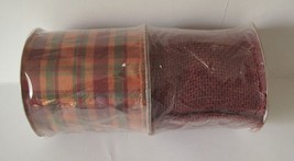 Huntington Home Ribbon Burlap Plain Red &amp; Autumn Striped 3.6&quot; x 15&#39; Roll... - $10.77