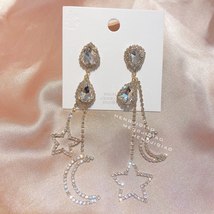 MENGJIQIAO Korean Elegant Moon Star Rhinestone Tassel Drop Earrings For Women Fa - £7.66 GBP