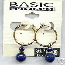 Basic Editions 14K Goldplate Hoops Navy Blue Bead - £6.29 GBP