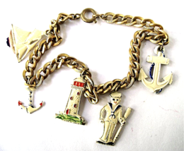   Vintage Nautical Enamel Bracelet Pot Petal Sailor Anchor Boat Charms  - £19.30 GBP