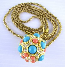 Kenneth Jay Lane, Coral Turquoise Cabochons Ball Pendant Necklace 32&quot; Mu... - $78.98
