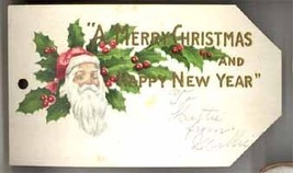 Victorian Santa Christmas tag vintage holly pretty - $14.00