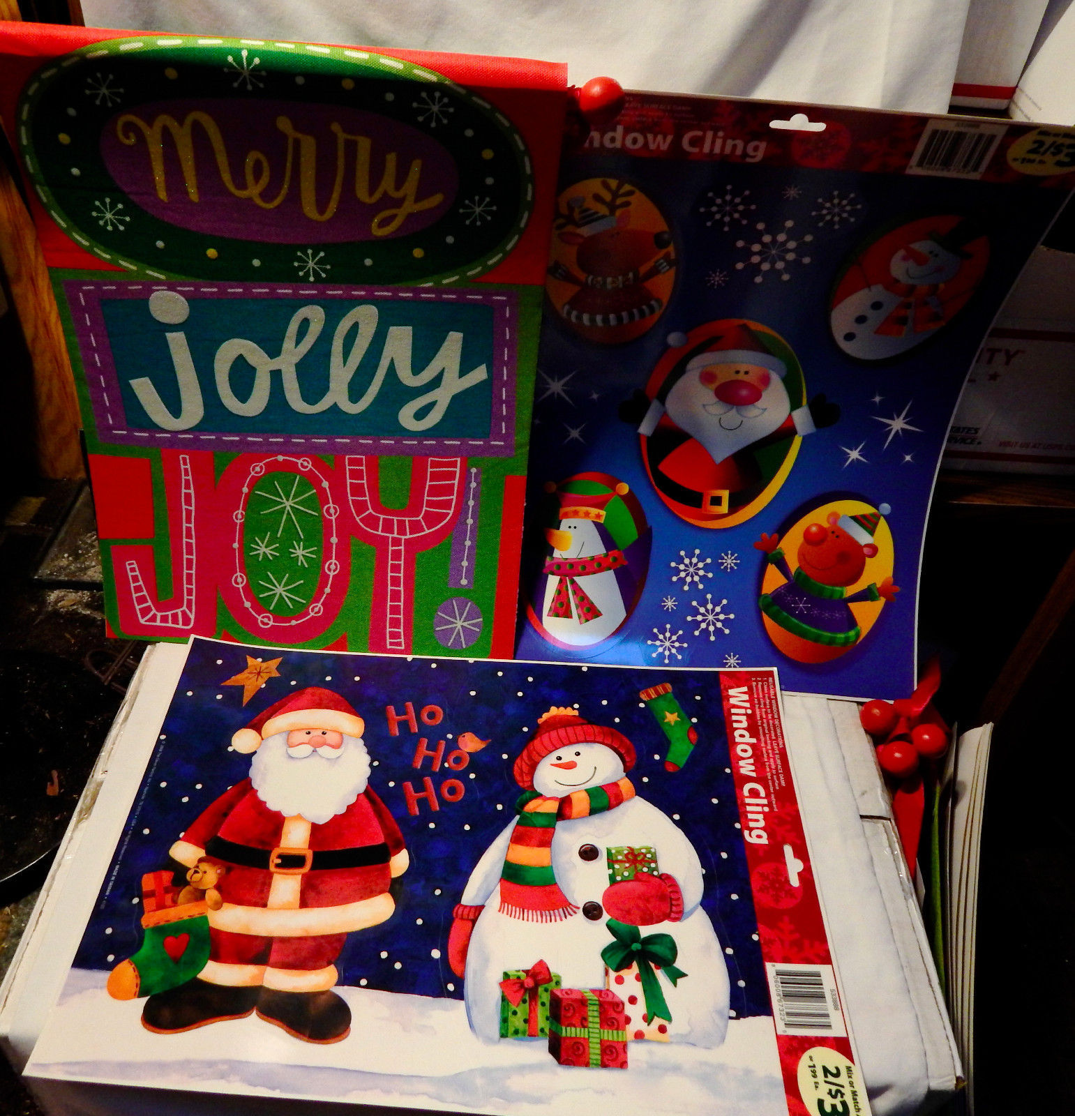 Christmas Mix Lot 2 Reusable Window Cling Sets Bright Holiday Canvas 16&quot;... - $7.88